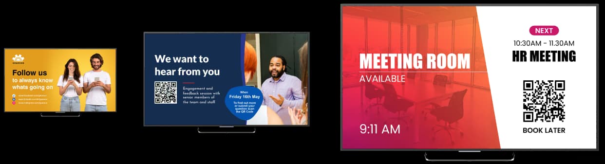 Three digital signage screens showing a social follow prompt, an employee feedback message, and a meeting room schedule