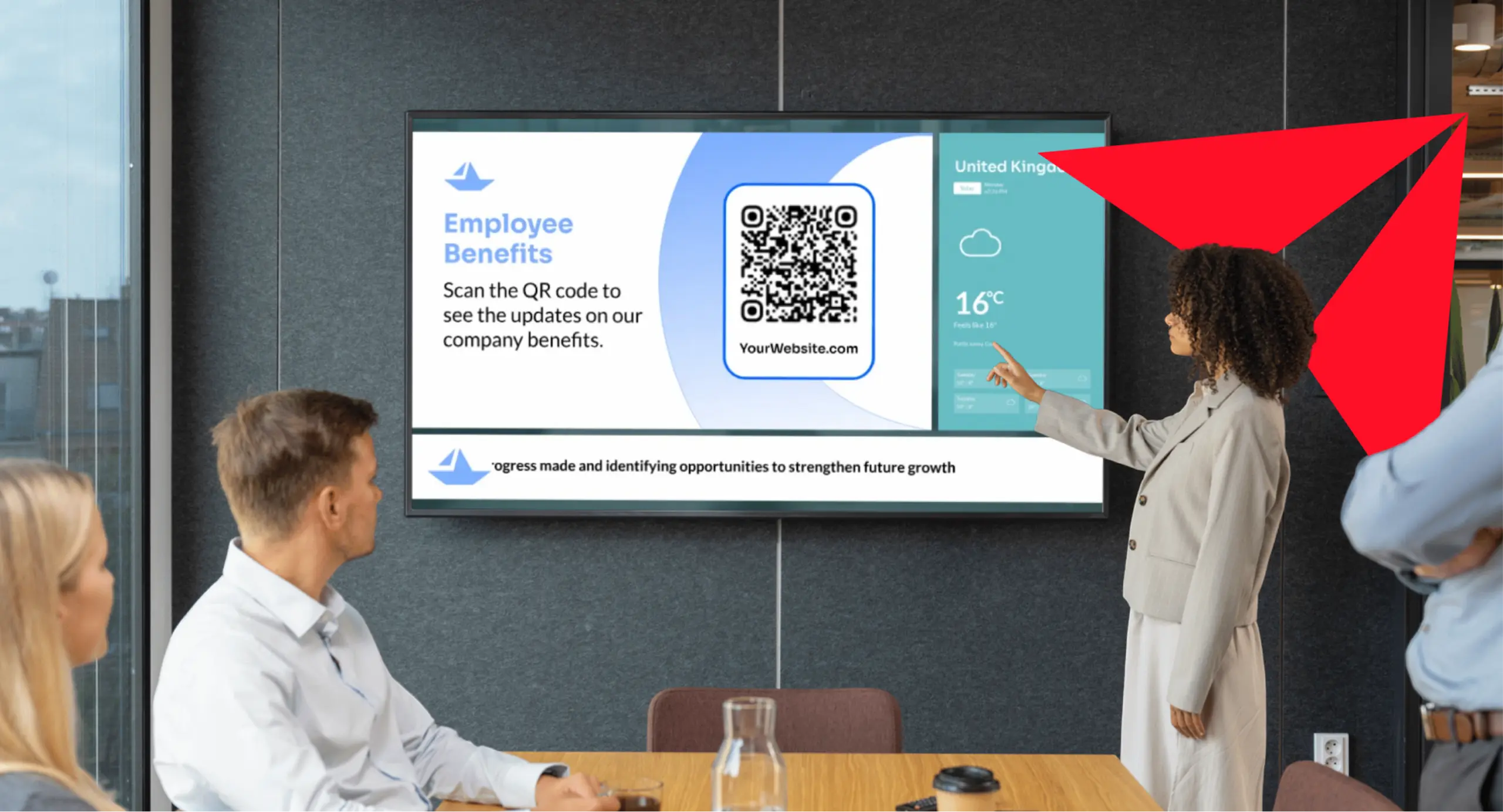 Optimum consultants presenting digital signage in a meeting room